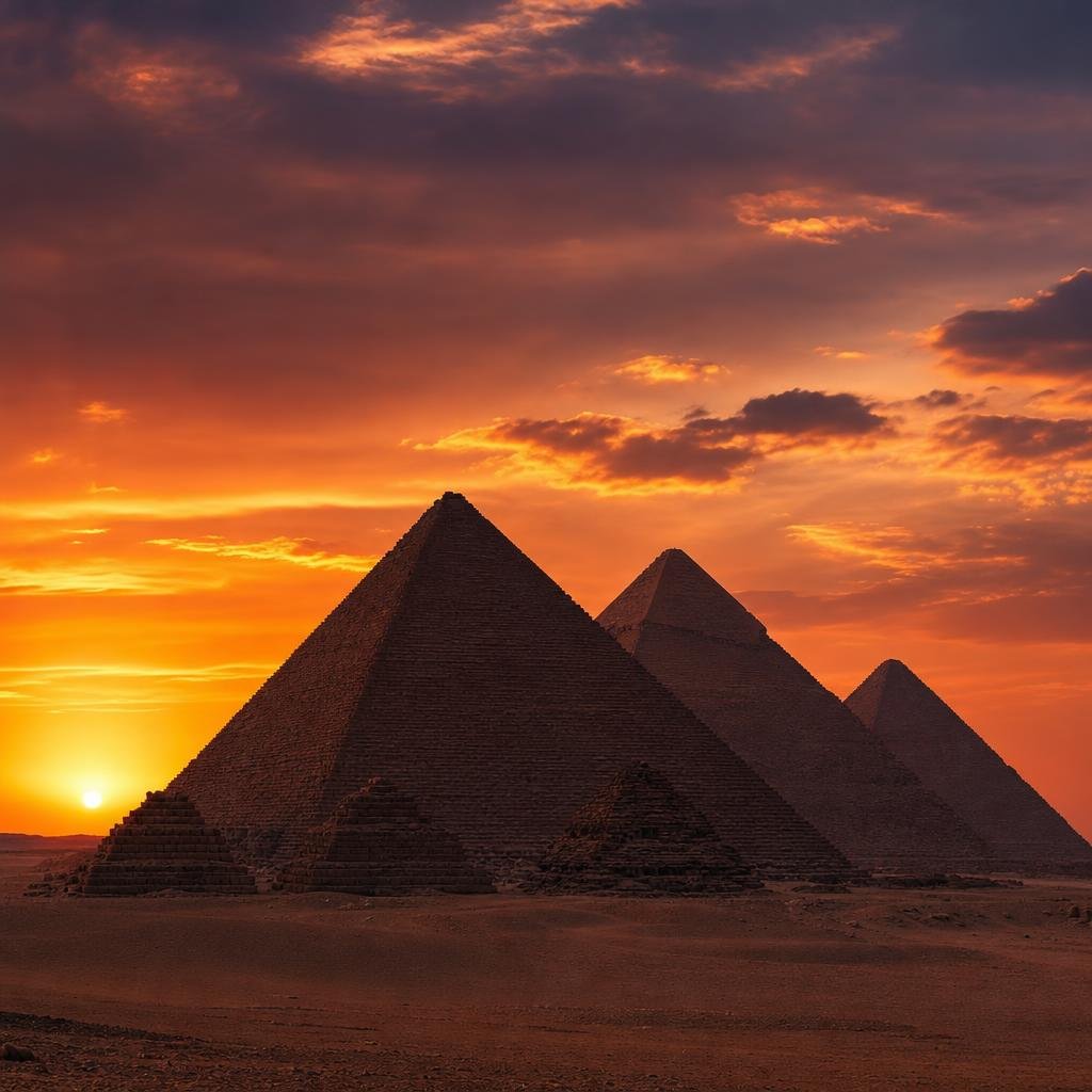 Sunset silhouette of the Great Pyramids