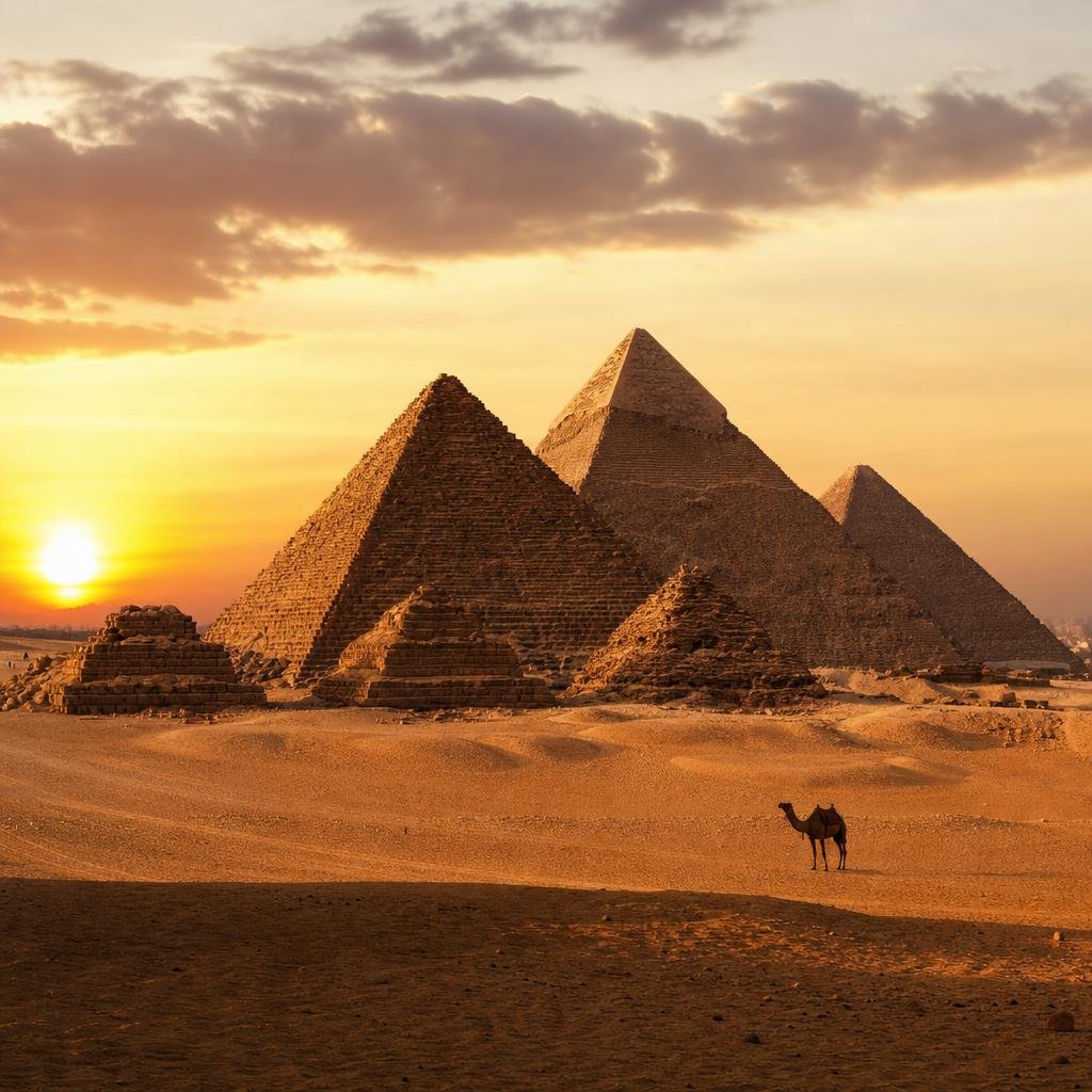 Golden-hour view of the Great Pyramids of Giza